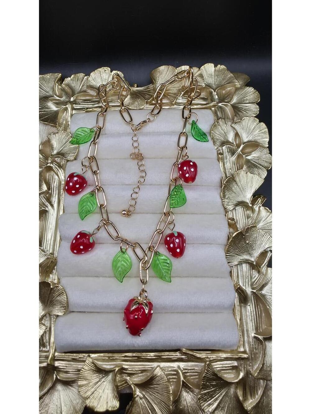 Gold-Tone Strawberry Charm Necklace with Enamel and Acrylic Fruit Dangles